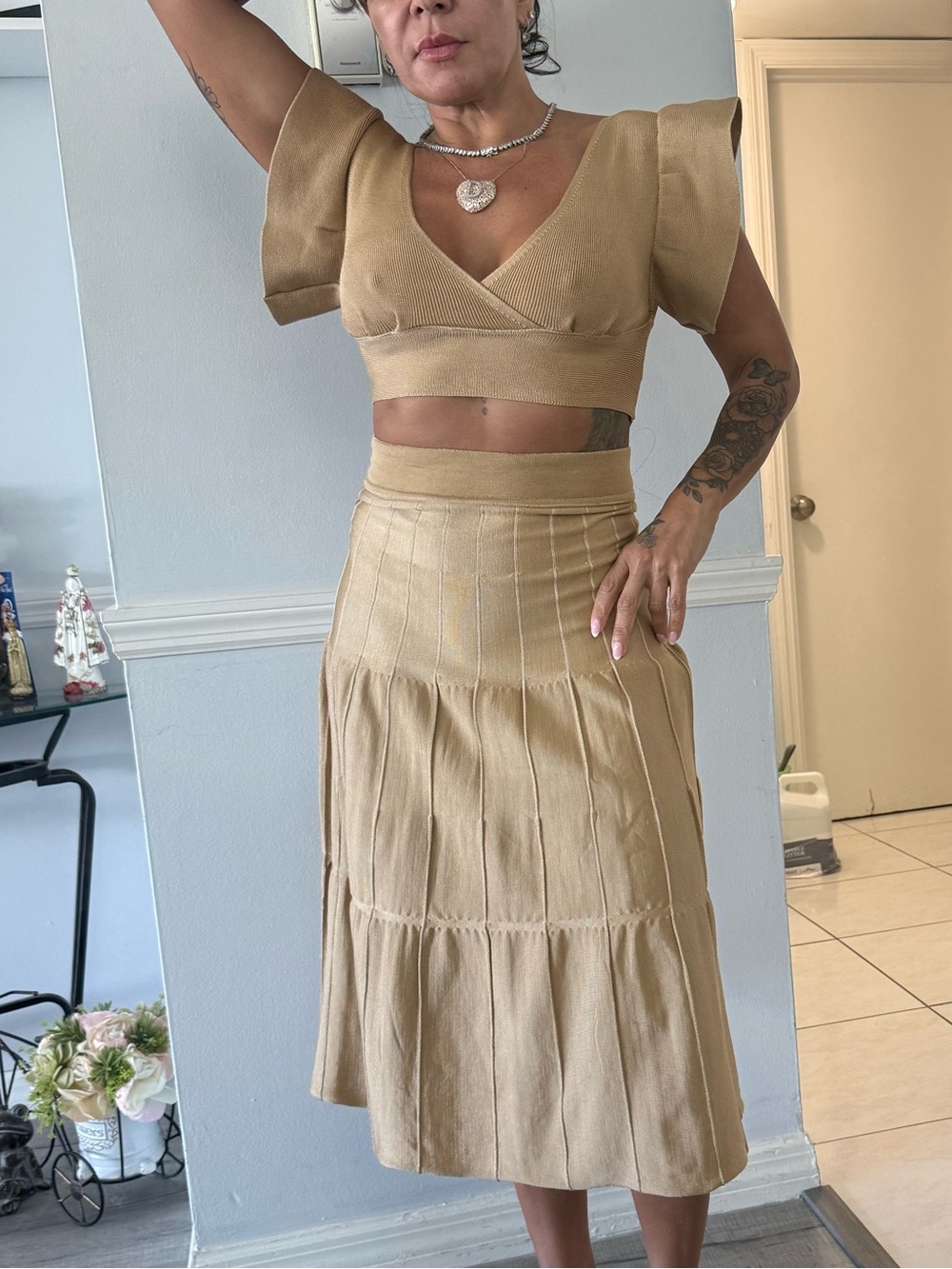 Beige Women’s Tiered Midi Skirt